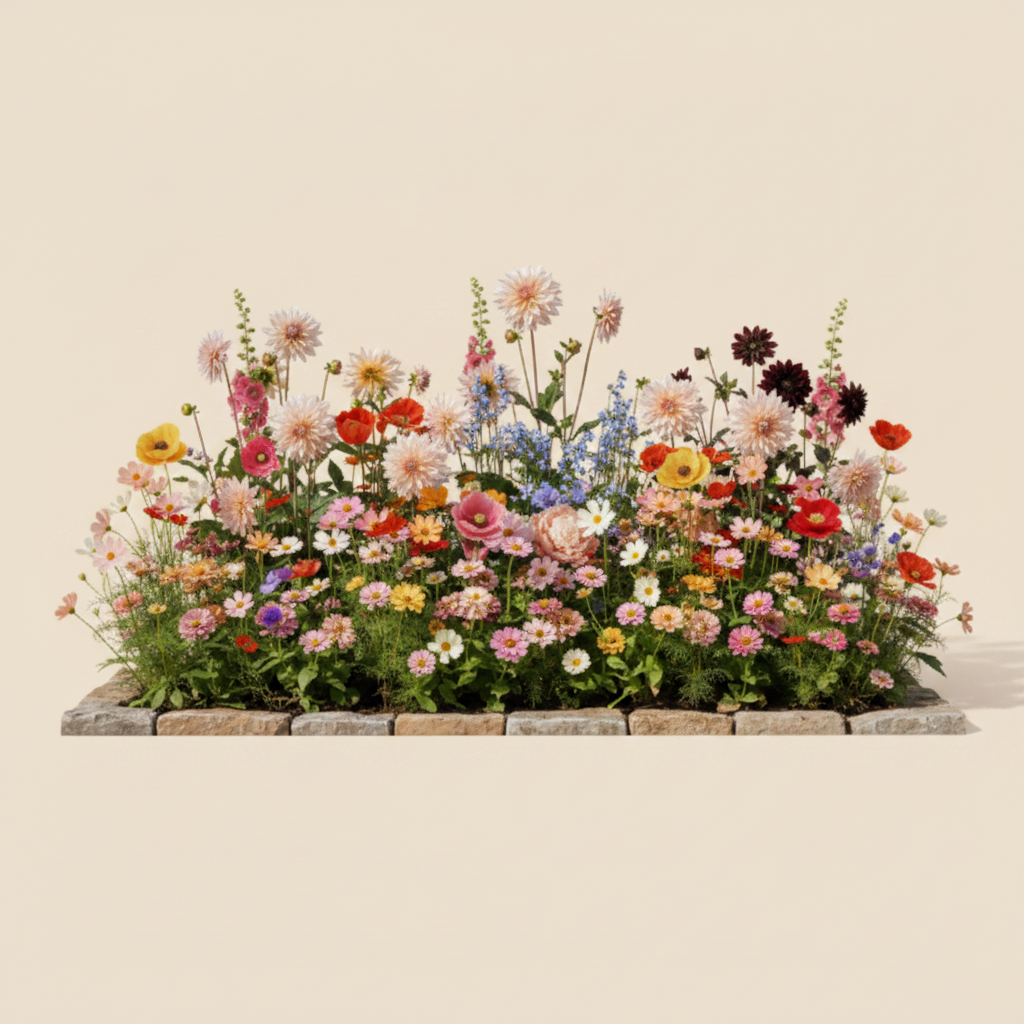 Eksempel på et bed i fuld blomst med dahliaer, valmuer og stauder