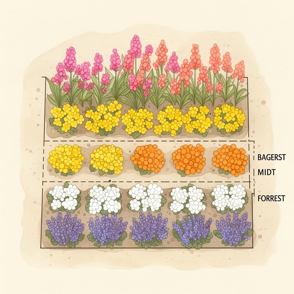 Eksempel på en illustreret planteplan med inddeling i bagerst, midt og forrest